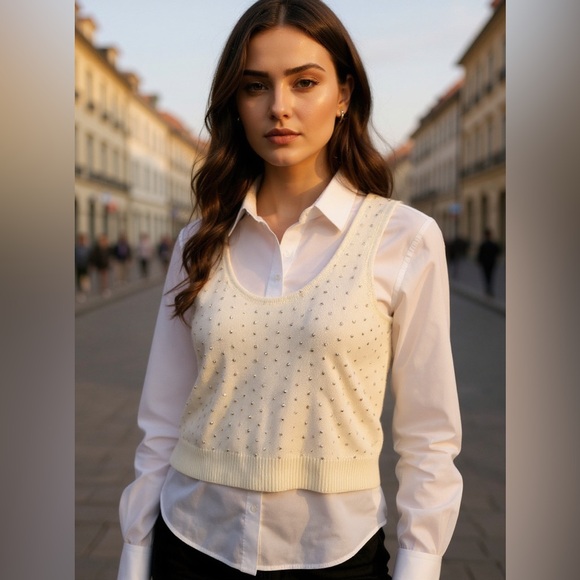 St. John Sweaters - Vintage St. John Cream Wool Sweater Vest Gold Studded Size Large